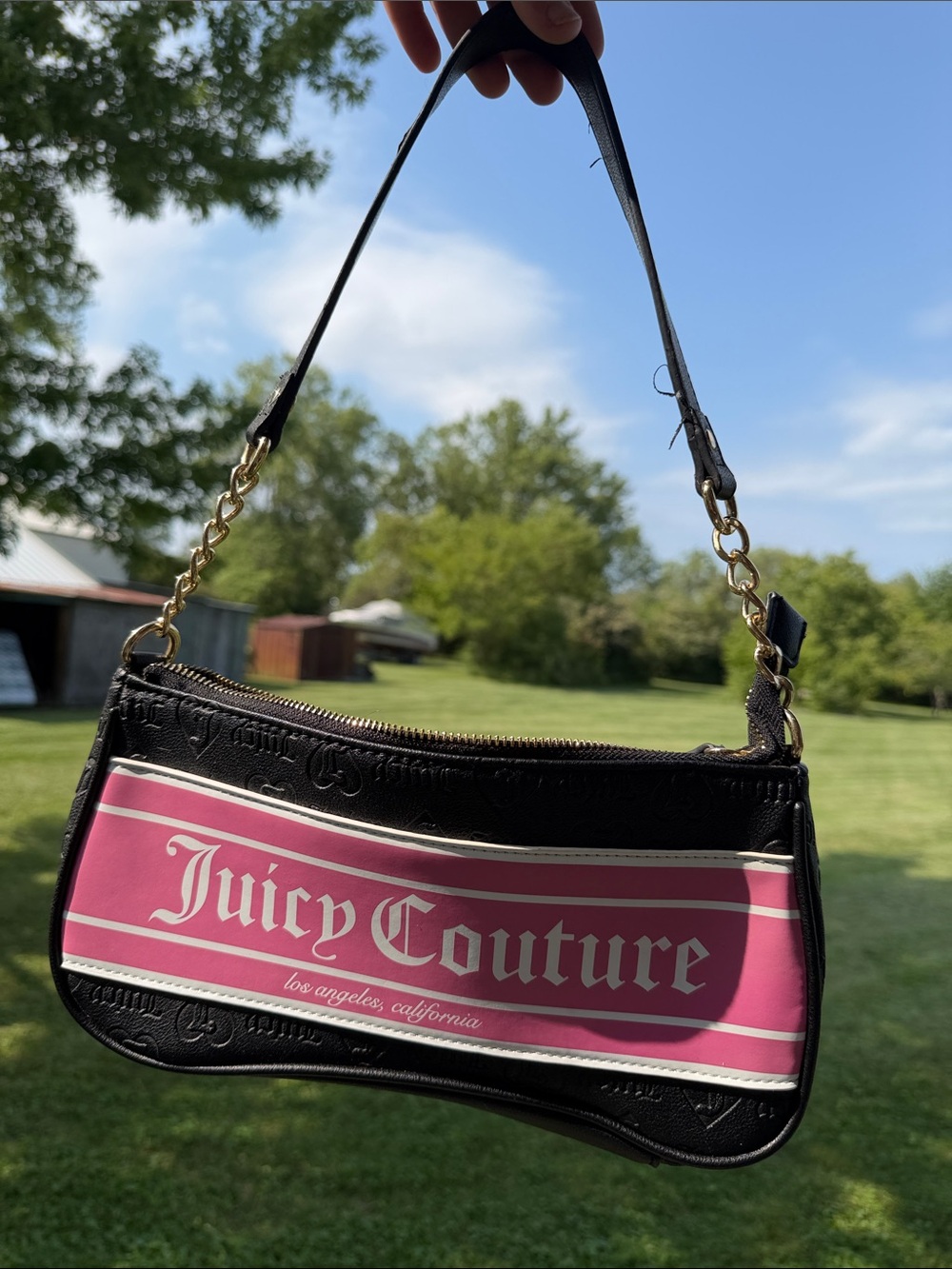 Juicy Couture Black Shoulder Bag with Pink Logo Panel